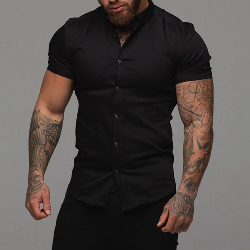 Short Sleeve Lapel Shirt Elastic Thin Solid Color