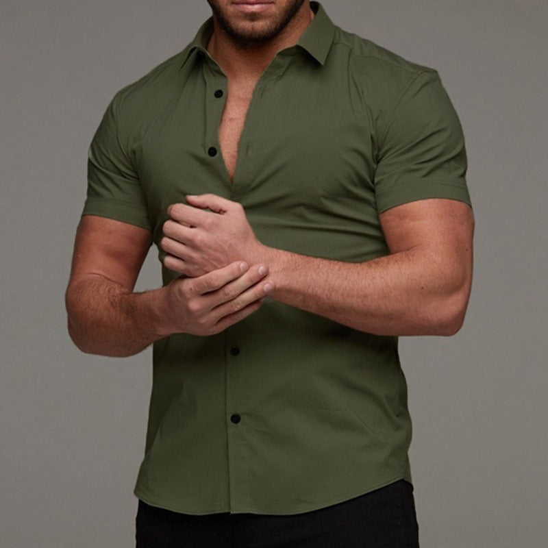 Short Sleeve Lapel Shirt Elastic Thin Solid Color