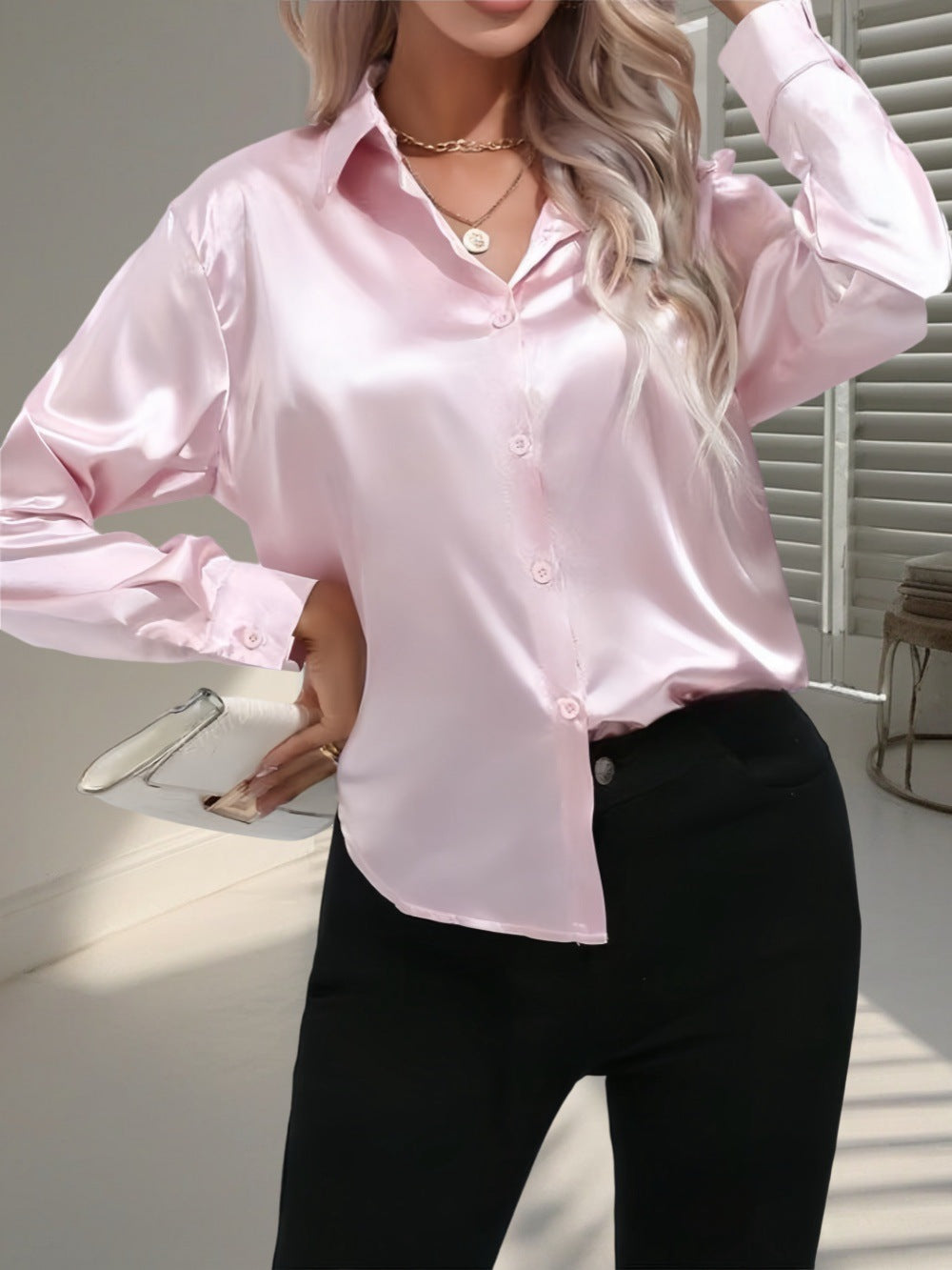 Women's Shirt Satin Silk-like Long Sleeve
