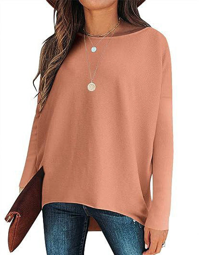 High And Low Batwing Sleeve Knitted Loose Pullover Waist Top