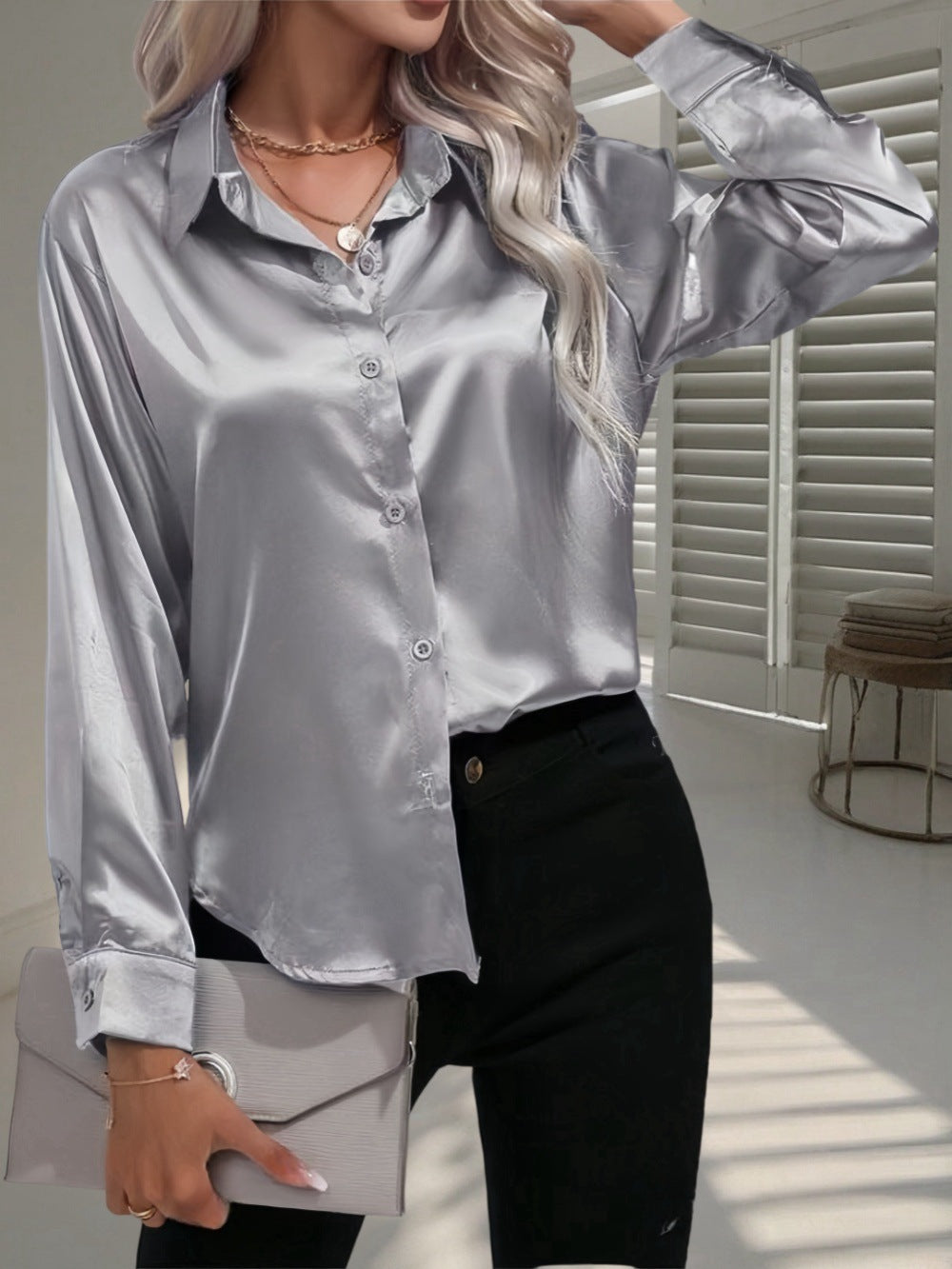 Women's Shirt Satin Silk-like Long Sleeve