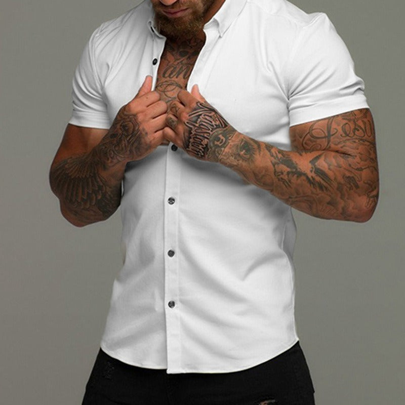 Short Sleeve Lapel Shirt Elastic Thin Solid Color