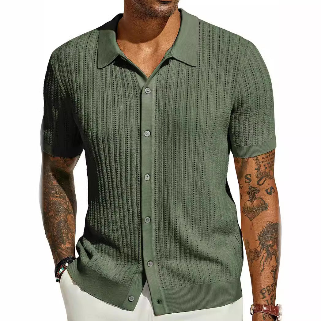 Summer Cool Knitted Men's Shirt Short Sleeved Lapel Solid Color