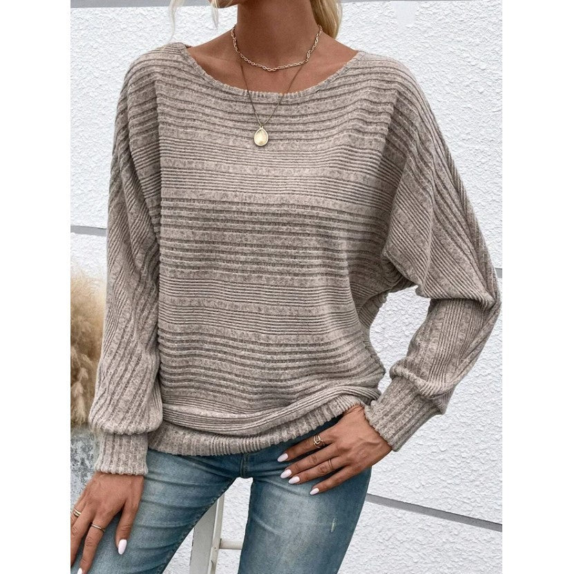 Solid Striped Batwing Sleeves T-shirt Fashion Casual Pullover Round Neck Long Sleeve Top Spring And Autumn Women's Clothing
