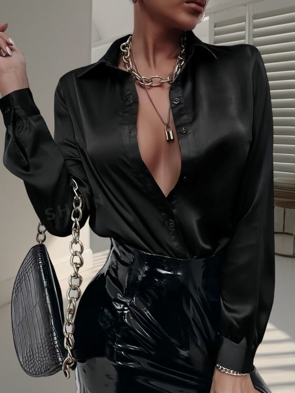 Women's Shirt Satin Silk-like Long Sleeve