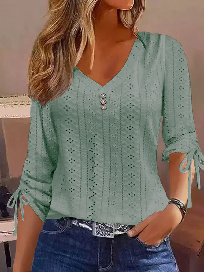 Solid Color Jacquard Button Long-sleeved T-shirt Top