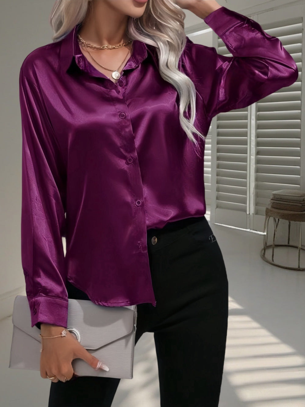 Women's Shirt Satin Silk-like Long Sleeve