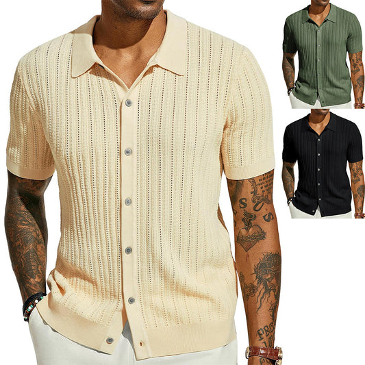 Summer Cool Knitted Men's Shirt Short Sleeved Lapel Solid Color