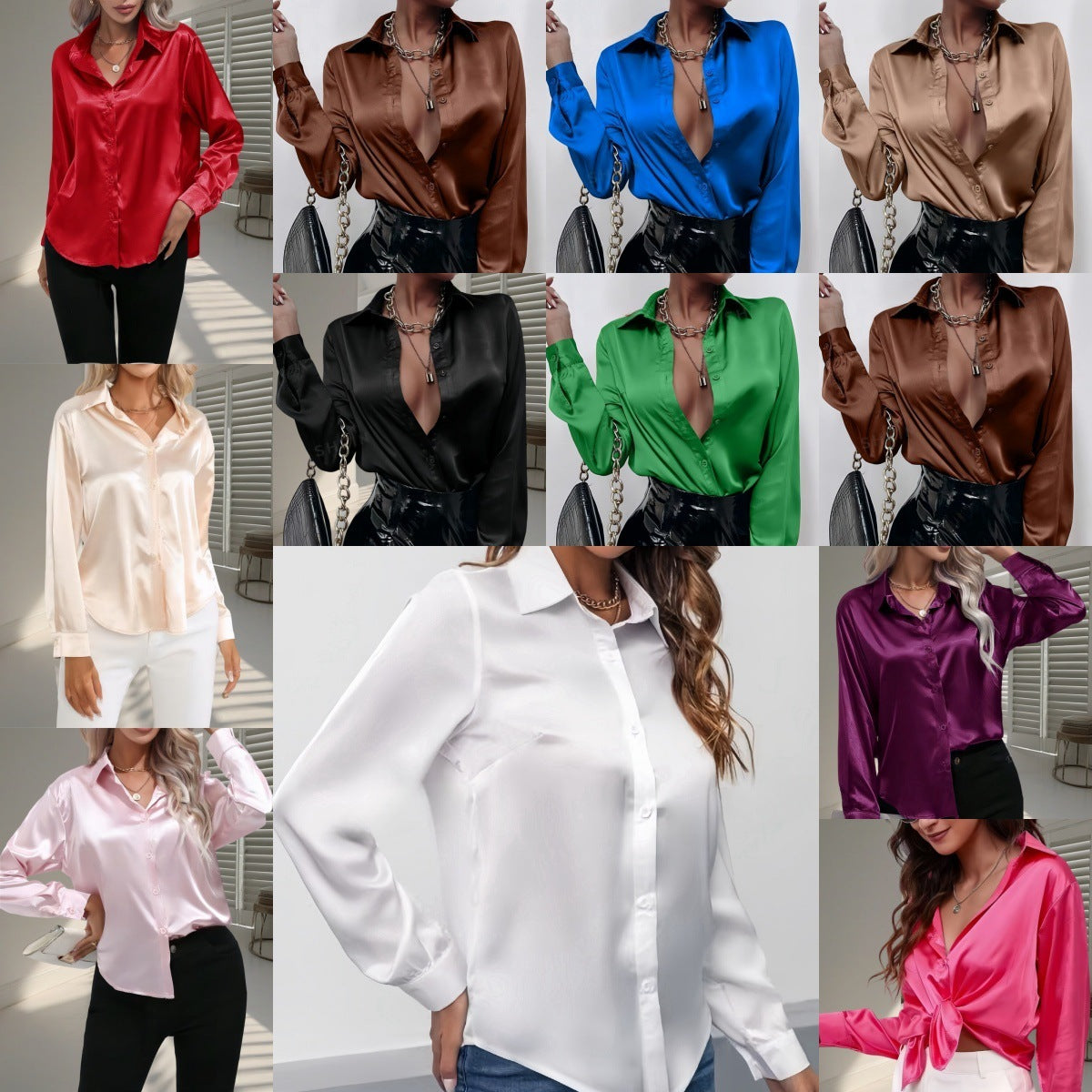Women's Shirt Satin Silk-like Long Sleeve
