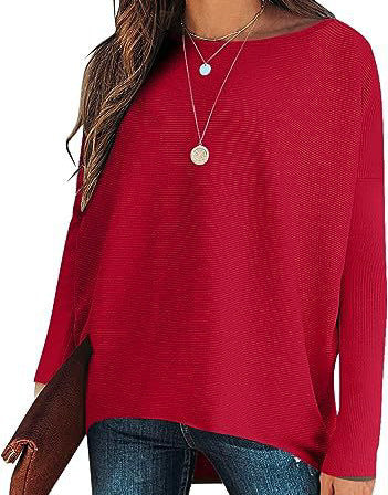 High And Low Batwing Sleeve Knitted Loose Pullover Waist Top