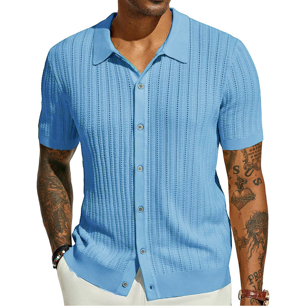 Summer Cool Knitted Men's Shirt Short Sleeved Lapel Solid Color