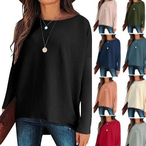 High And Low Batwing Sleeve Knitted Loose Pullover Waist Top