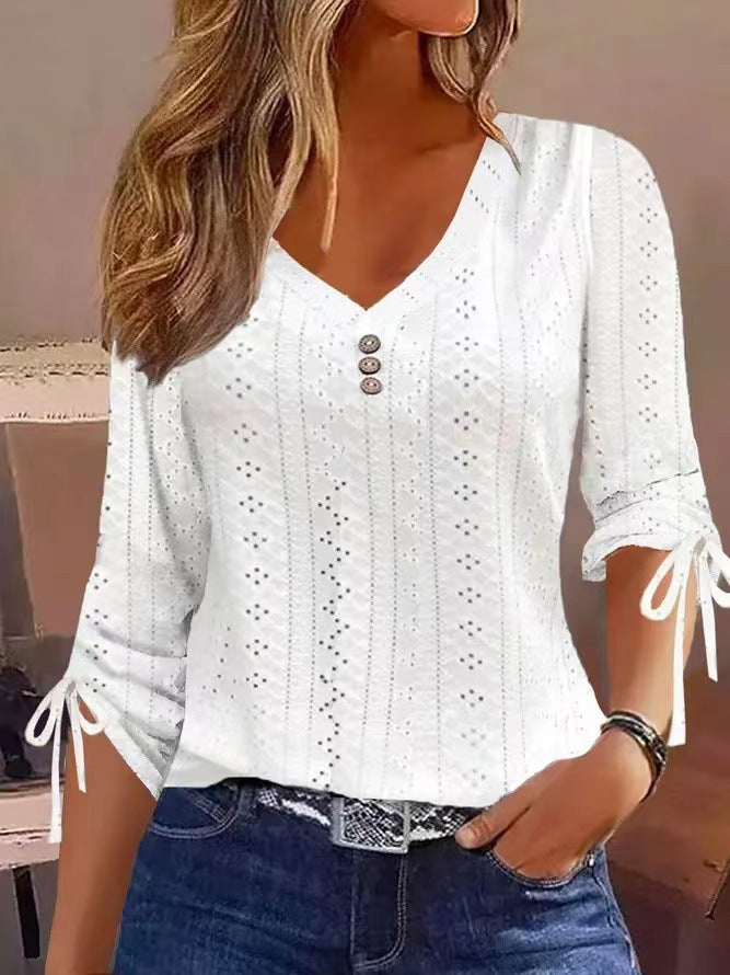 Solid Color Jacquard Button Long-sleeved T-shirt Top
