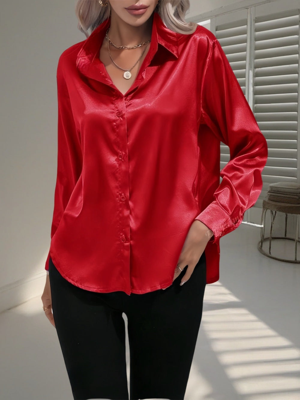 Women's Shirt Satin Silk-like Long Sleeve