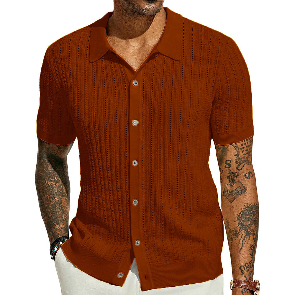 Summer Cool Knitted Men's Shirt Short Sleeved Lapel Solid Color
